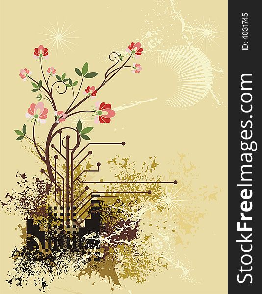 Abstract floral background with grunge and circuit details, vector illustration series. Abstract floral background with grunge and circuit details, vector illustration series.