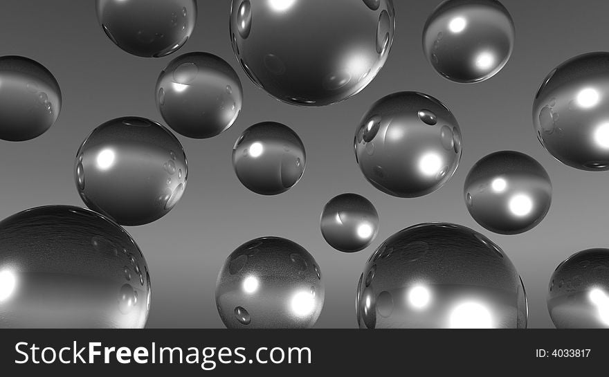 Rising balls  on sky background - digital artwork.( Black-and-white)
