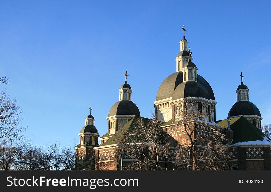 Two crosses on cupolas on a Ukrainian Catholic Church