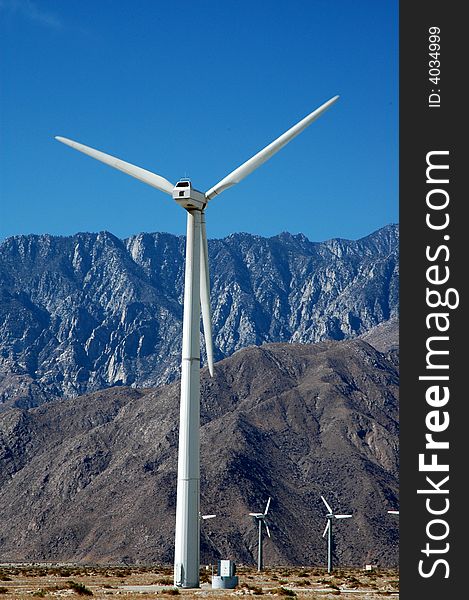 A large wind turbine from a wind farm in southern California. A large wind turbine from a wind farm in southern California.