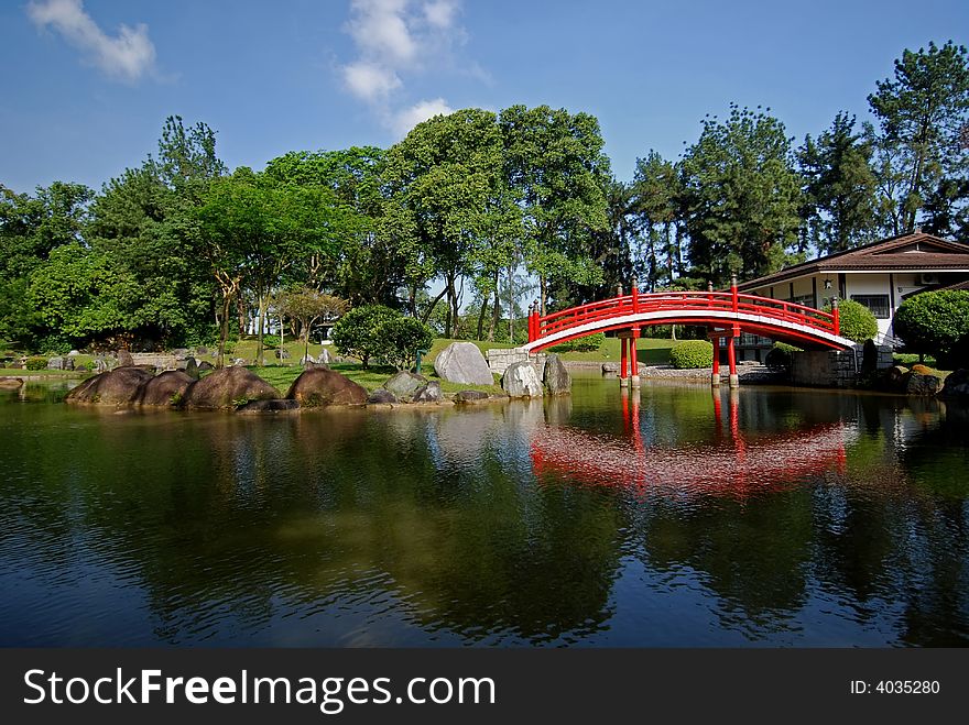 Bridge, Lake And Tree In The Park