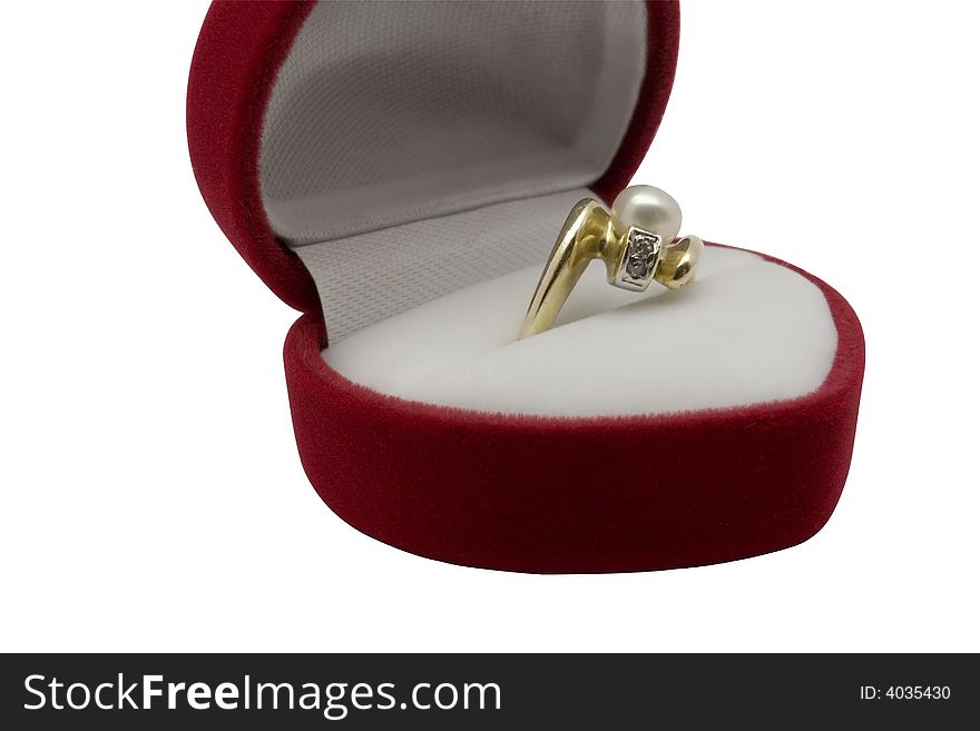 Golden ring with pearl in red box. Golden ring with pearl in red box