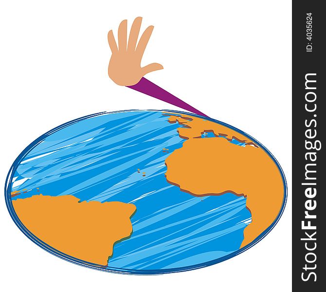 Art illustration: a hand waving over a map of the world. Art illustration: a hand waving over a map of the world