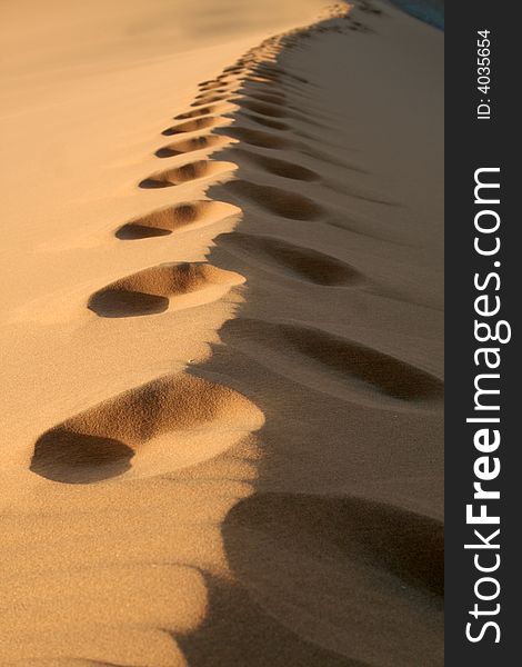 Footprints ascending up a sand dune at dusk. Footprints ascending up a sand dune at dusk