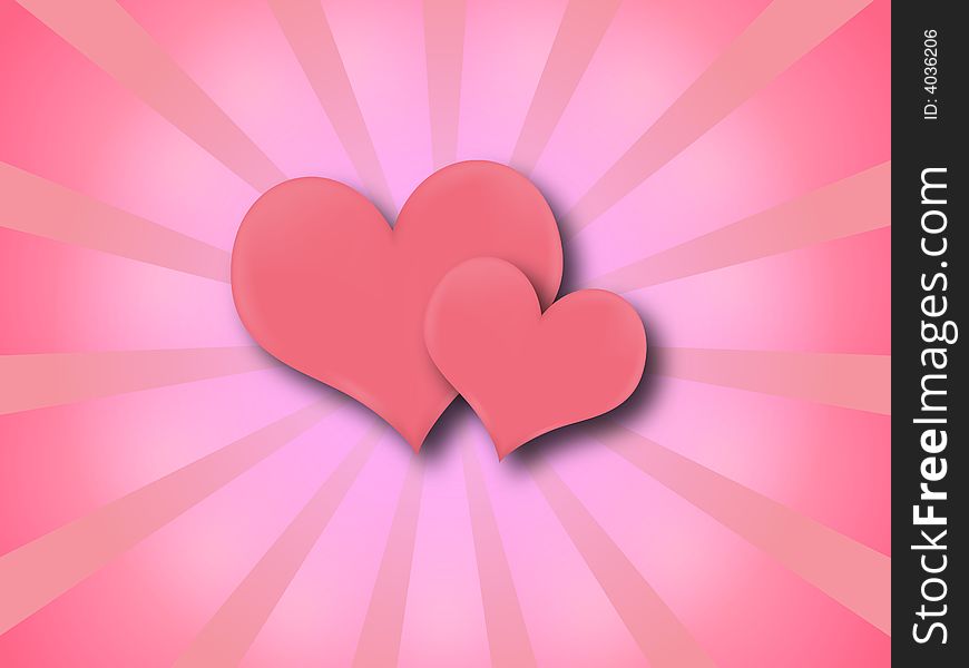 Two shiny hearts against a pink vortex background. Two shiny hearts against a pink vortex background.