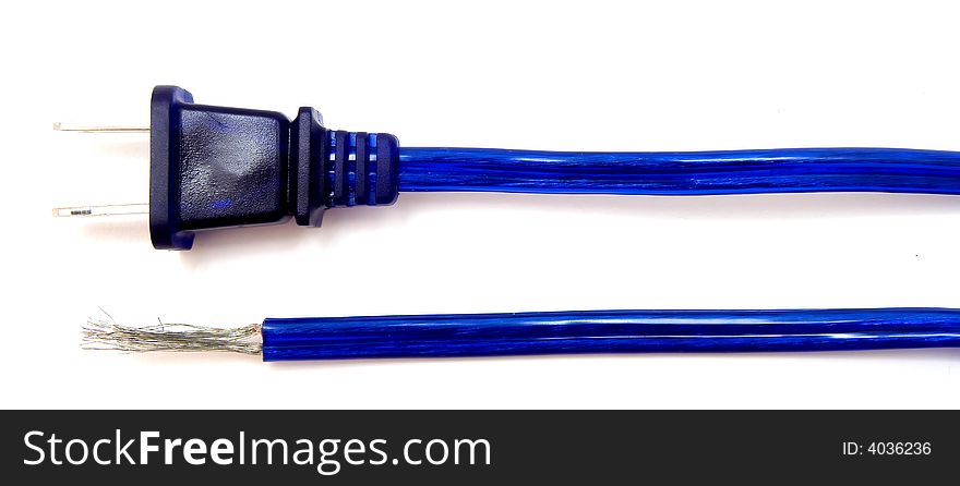 A blue power cord with a cut and frayed end. A blue power cord with a cut and frayed end.