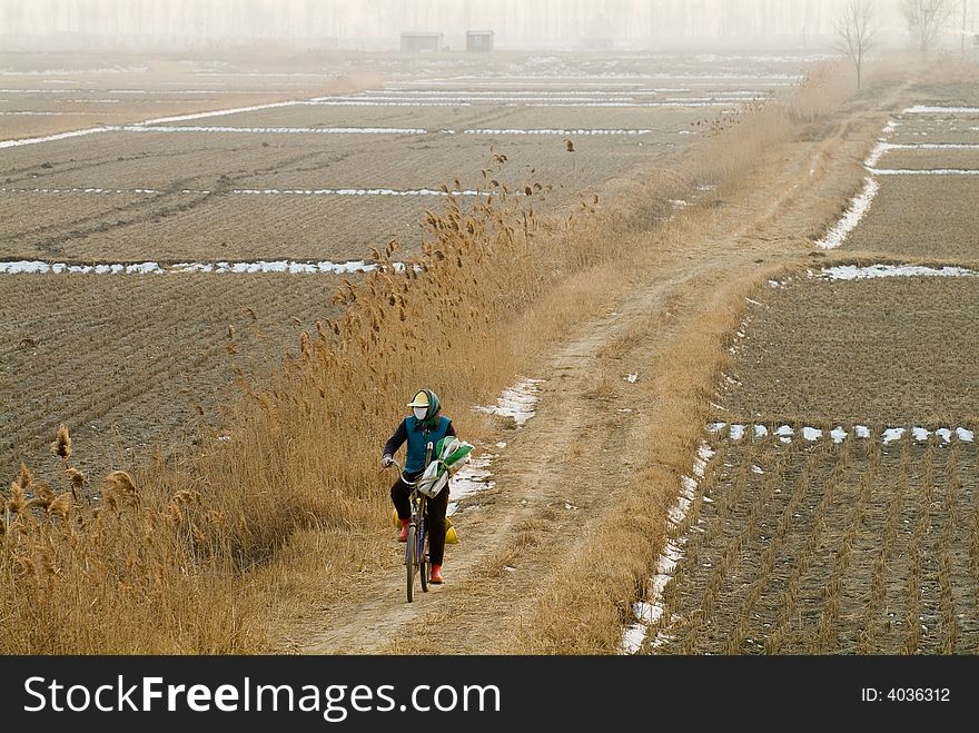 A female peasant is riding along the pathway. A female peasant is riding along the pathway.