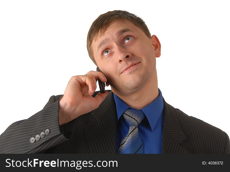 Young men whith telephone in tie on white background. Young men whith telephone in tie on white background