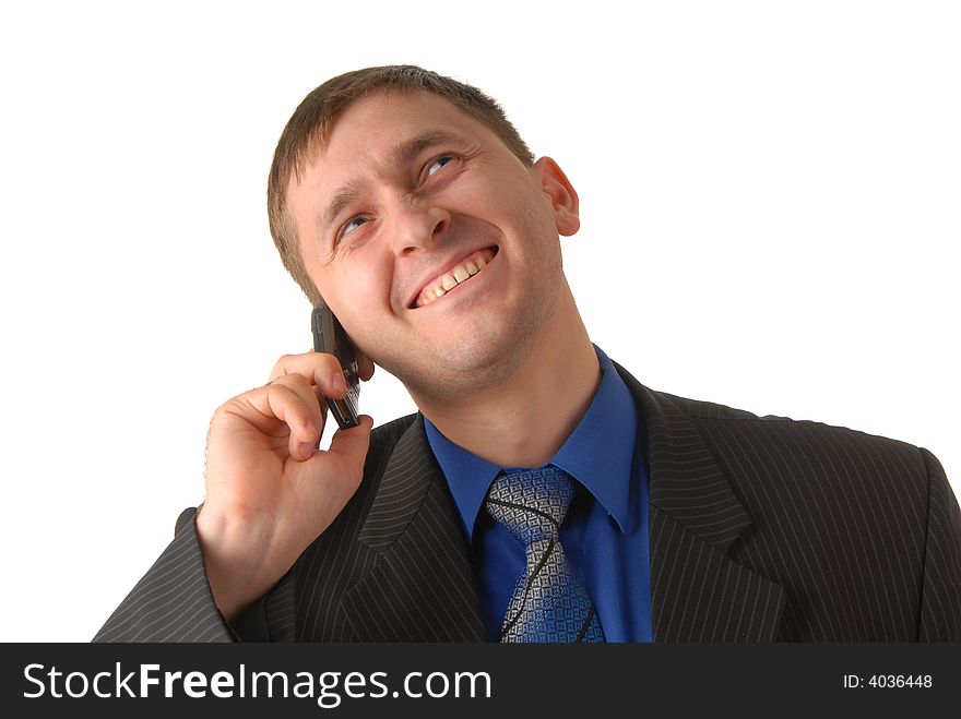 Young men whith telephone in tie on white background. Young men whith telephone in tie on white background
