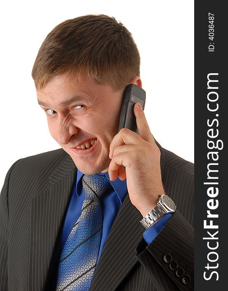 Young men whith telephone in tie on white background. Young men whith telephone in tie on white background