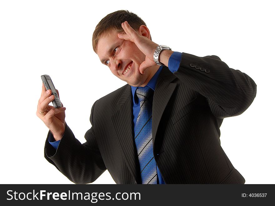 Young men whith telephone in tie on white background. Young men whith telephone in tie on white background