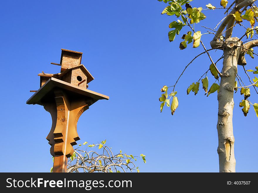 In autumn a empty birdhouse near a little tree. In autumn a empty birdhouse near a little tree