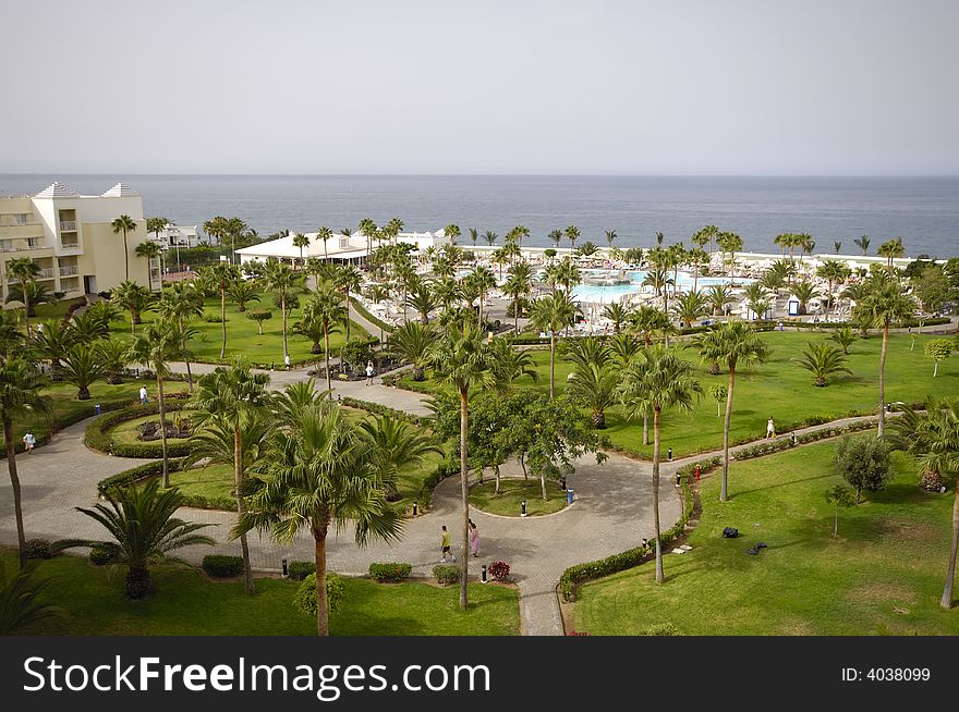 Hotel resort with park and poll area