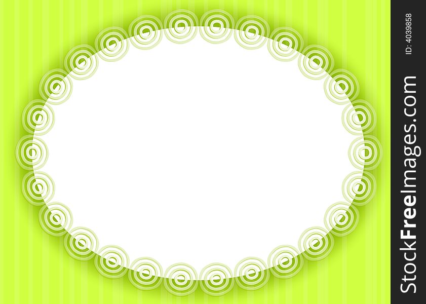 A background illustration featuring a white oval frame with decorative edging set against green striped background with opaque white stripes. A background illustration featuring a white oval frame with decorative edging set against green striped background with opaque white stripes