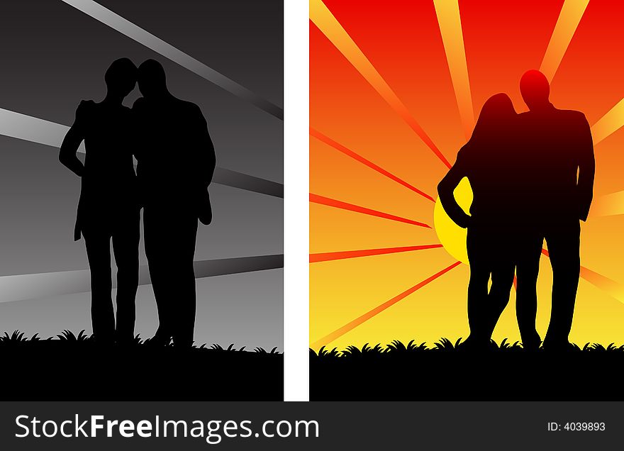 Illustration of people on sunset. Illustration of people on sunset