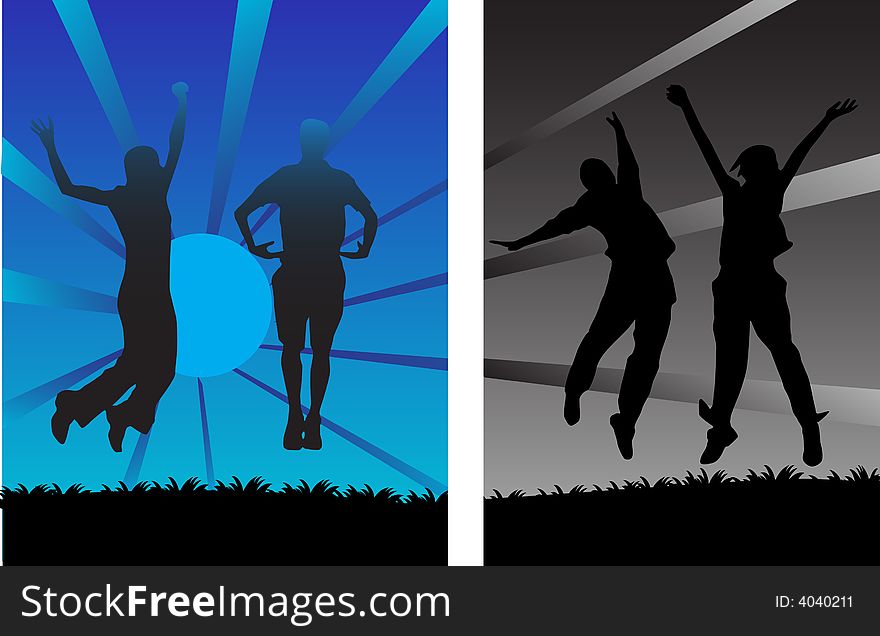 Illustration of people jump on sunset. Illustration of people jump on sunset