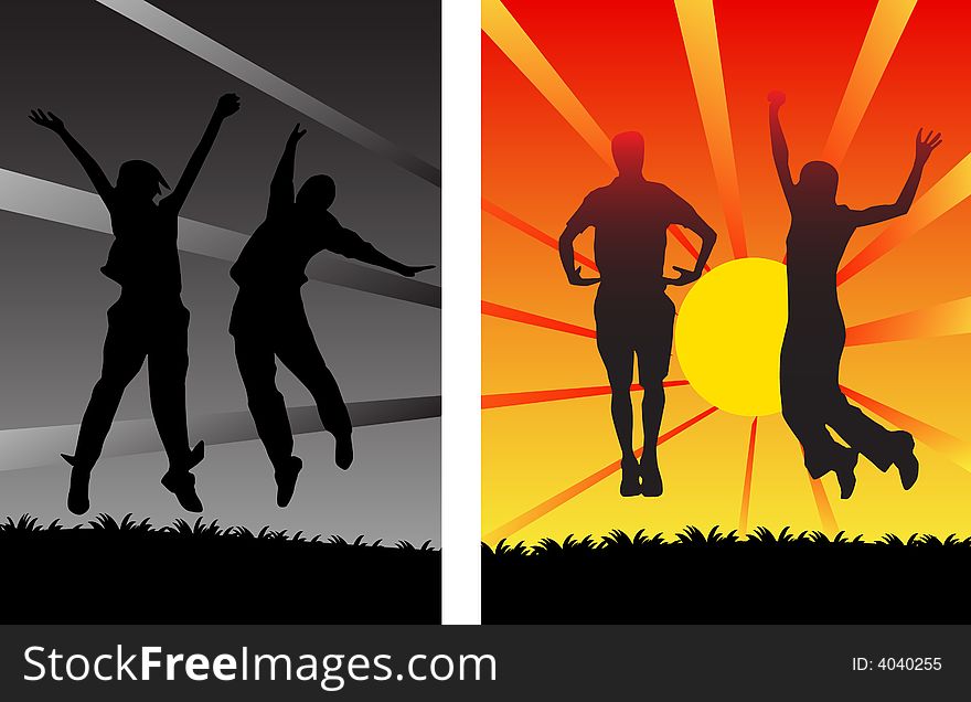 Illustration of people jump on sunset. Illustration of people jump on sunset