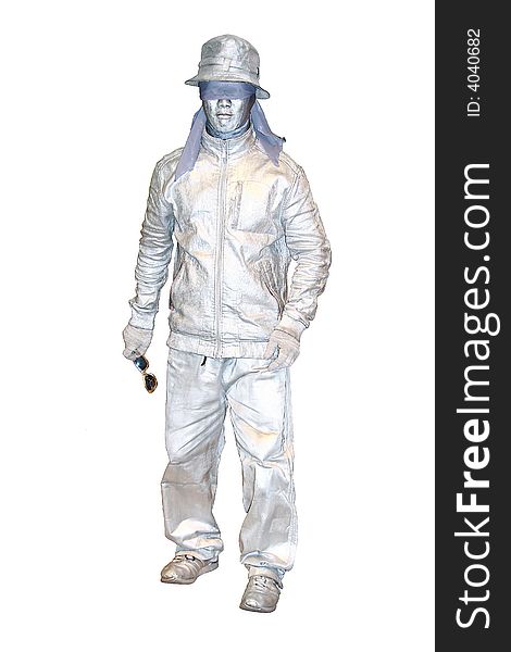 Live male mannequin in all silver outfit. Live male mannequin in all silver outfit