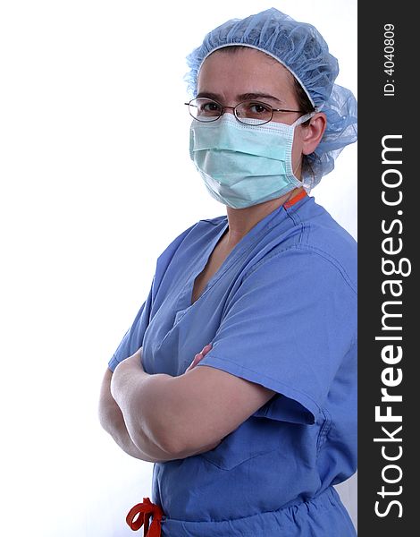 A nurse or surgeon wearing a surgical mask on white background.