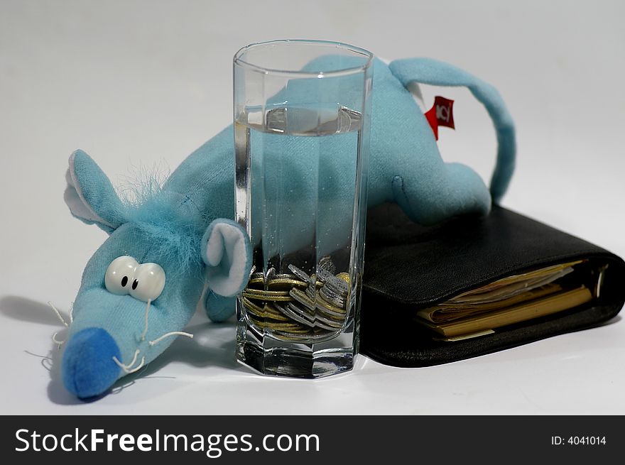blue rat and money in the container against the white background. blue rat and money in the container against the white background