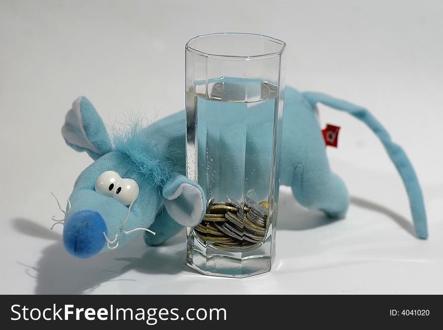 Blue rat and money in the container against the white background. Blue rat and money in the container against the white background
