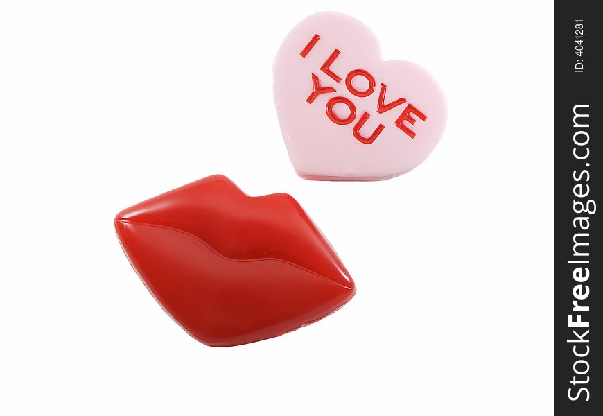 Red lips and heart shape with i love you on it, isolated on white. Red lips and heart shape with i love you on it, isolated on white