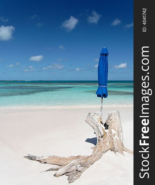 Beautiful white caribbean beach with blue umbrella and a stranded root. Beautiful white caribbean beach with blue umbrella and a stranded root