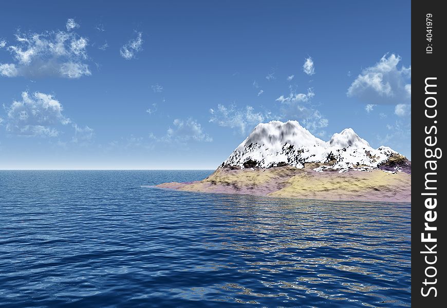 Snow peak mount on a blue sea - 3d scene.