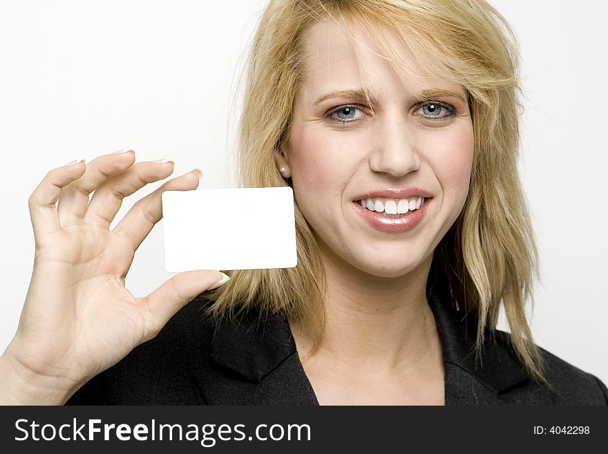 Attractive blonde female with white background.