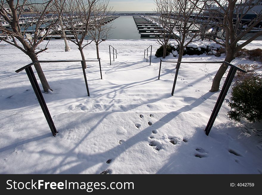 Empty Yacht Harbor on Lake Michigan in Chicago After Winter Snow