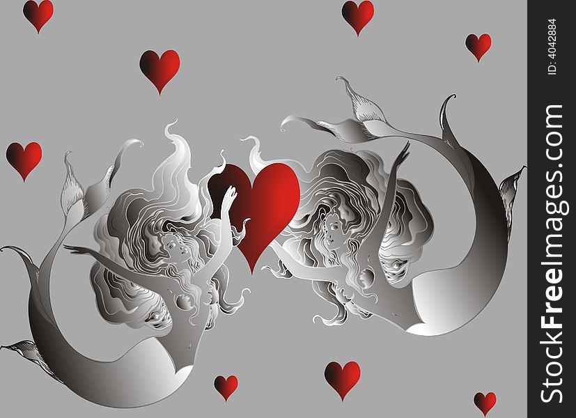Two naiads and hearts -  illustration. Two naiads and hearts -  illustration