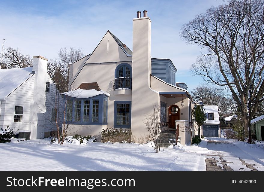 Majestic Newly Constructed Home Facade on a Winter Day