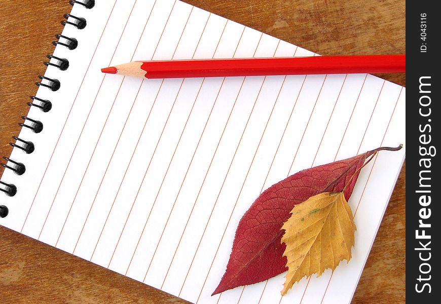 Spiral notepad with red pencil and colorful autumnal leaves. Spiral notepad with red pencil and colorful autumnal leaves