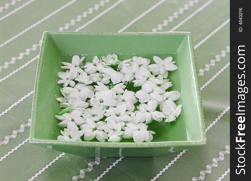 Tropical white flowers floating in water at a spa. Tropical white flowers floating in water at a spa.