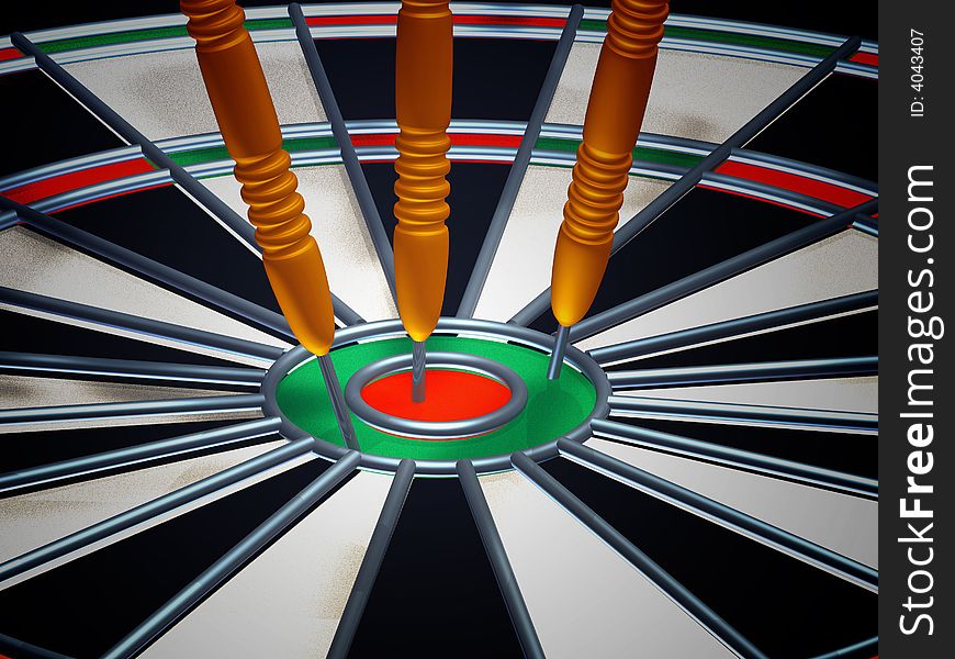 3d illustration of a dart board with 3 darts