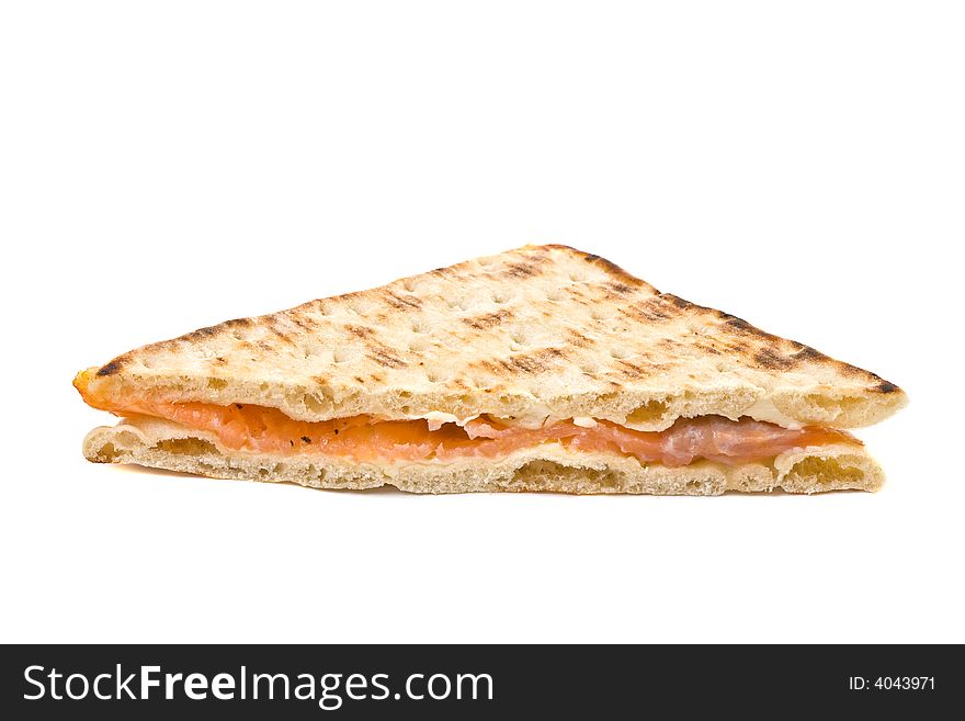 Healthy smoked salmon sandwich on white background