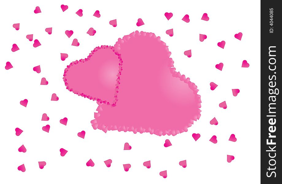 Pink petals hearts over white background. Pink petals hearts over white background