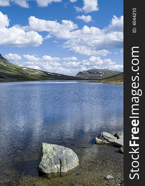 Mountain lake, summer, blue sky, Norway