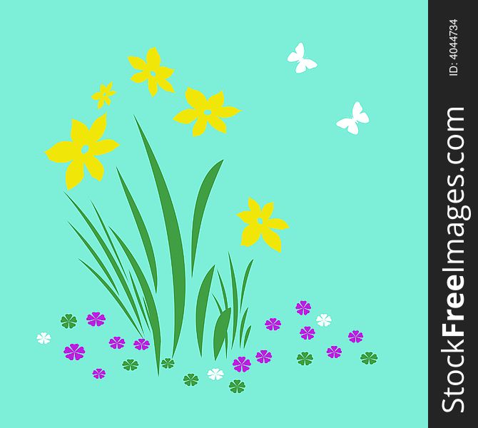 Bright spring flowers and butterflies on   background illustration. Bright spring flowers and butterflies on   background illustration