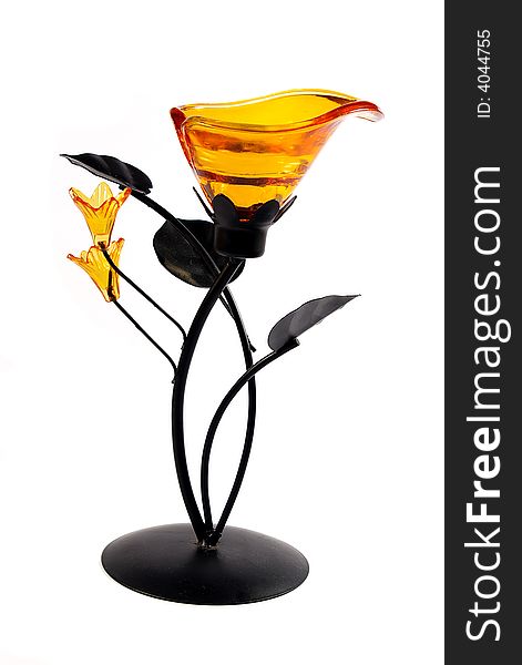 Metallic and crystal glass orange  isolated candlestick