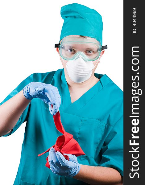 Surgeon with red rag isolated. Surgeon with red rag isolated