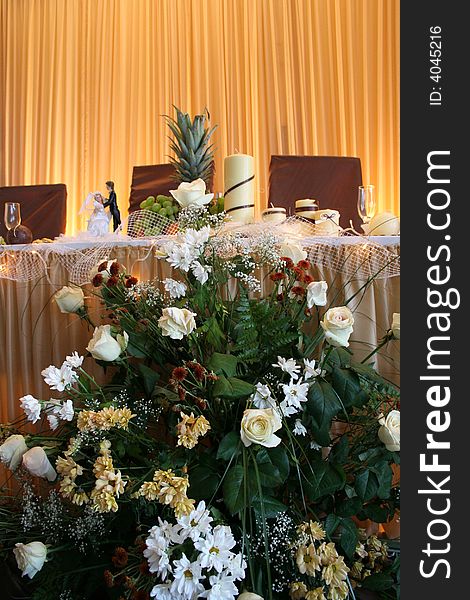 Wedding table and bouquet of flower. Wedding table and bouquet of flower