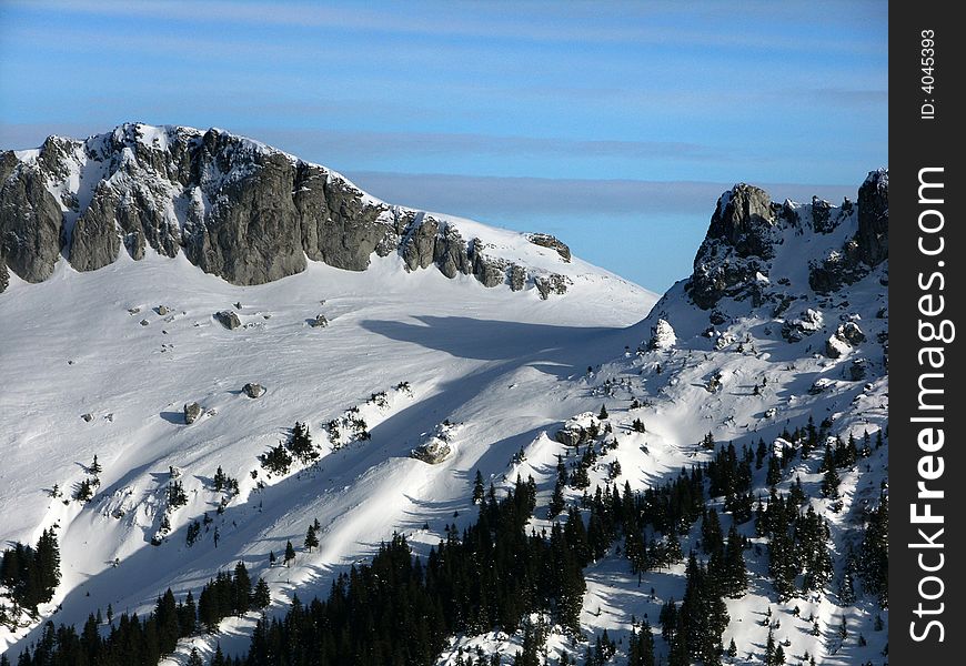 Strunga Pass in Carpathian Mountains, Romania winter landscape