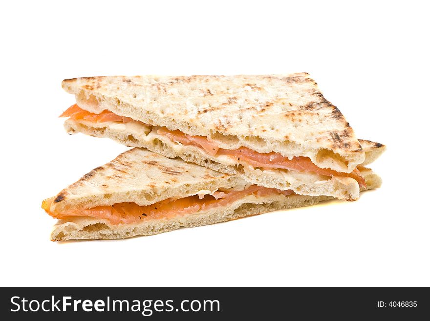 Healthy smoked salmon sandwich on white background
