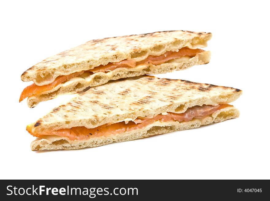 Healthy smoked salmon sandwich on white background