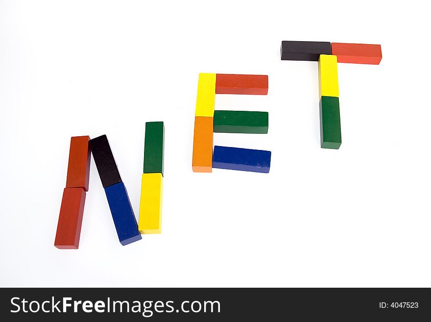 The word NET in colorful letters made of toy blocks isolated in white background