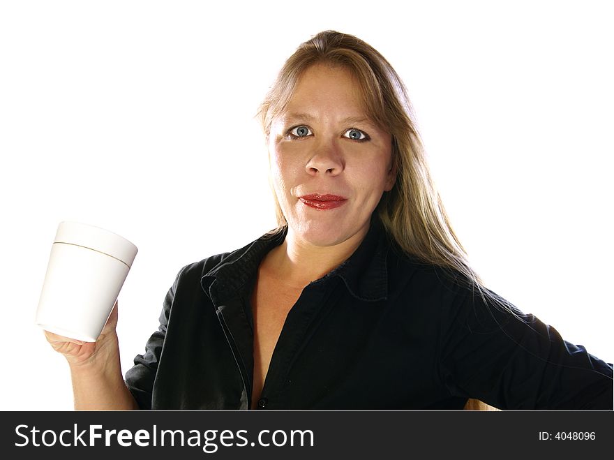 Attractive 30-40 year old business woman holding cup of coffee on white background. Attractive 30-40 year old business woman holding cup of coffee on white background.