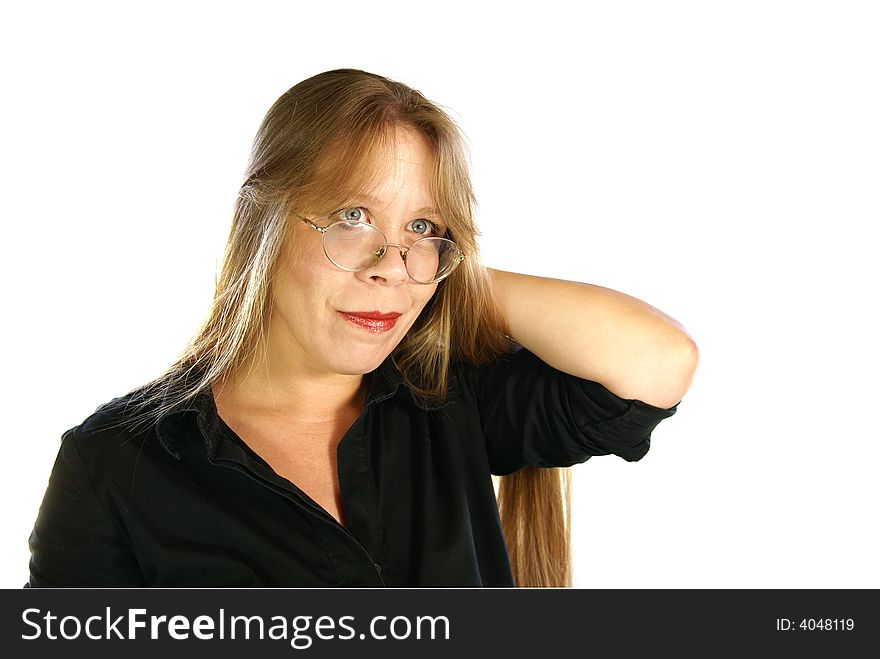 Attractive 30-40 year old business woman with long gold blonde hair and eyeglasses. Isolated on white. Attractive 30-40 year old business woman with long gold blonde hair and eyeglasses. Isolated on white.