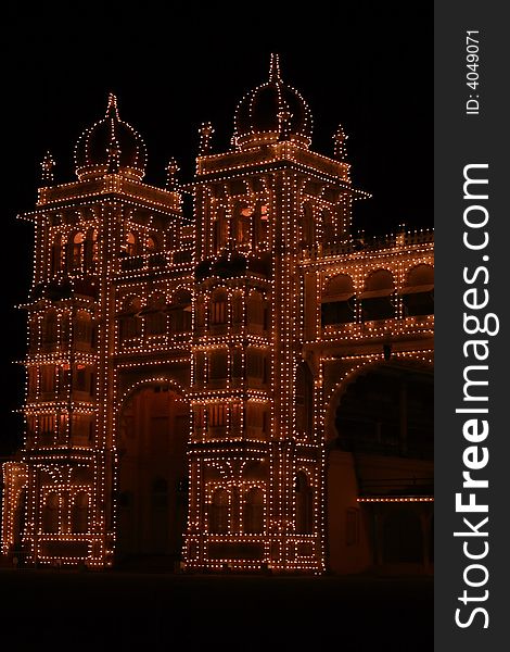 A beautiful night scene of left corner gate of  Mysore Palace. A beautiful night scene of left corner gate of  Mysore Palace.