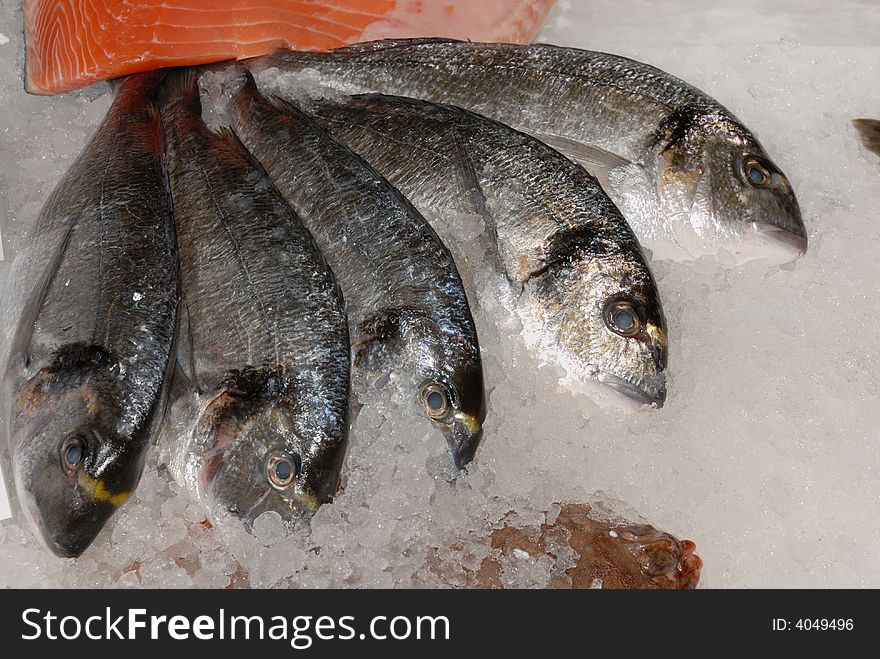 Close view of bream heads on ice on fishmonger's slab. Close view of bream heads on ice on fishmonger's slab